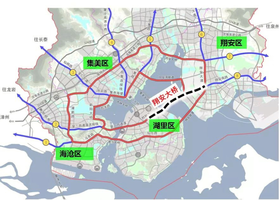 随着翔安大桥的建成通车，厦门跨岛交通正式迈入“五桥两隧”新格局，“两环八射”快速路网进一步完善。厦门市交通运输局供图