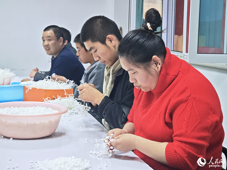 在福建省援宁工作队指导下，闽隆福馨托创园创建残疾人电商平台。截至目前，平台销售额达4000万元，净利润460万元，为2000余名残疾人分红236万元。图为固原市隆德县闽隆福馨托创园残疾人帮扶车间内，受助残疾人正在制作人造花。人民网 黄东仪摄