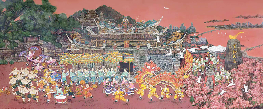 翔安农民漆画作品《古韵新辉同民安》。林林摄