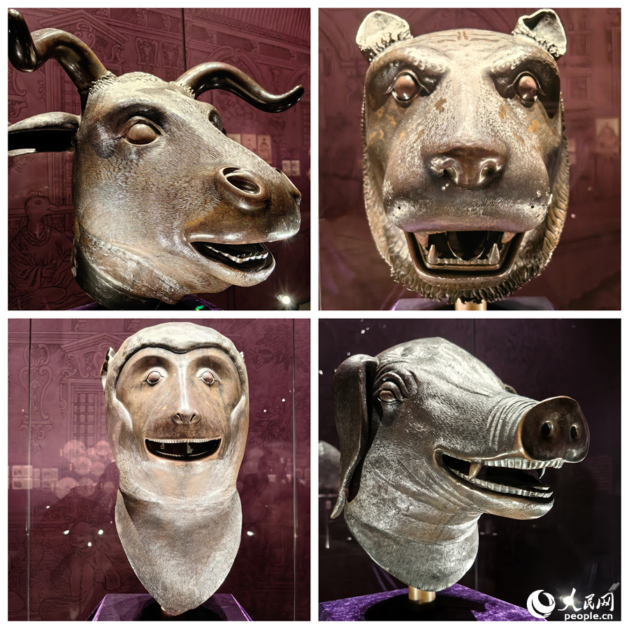 此次展览展出的牛首、虎首、猴首、猪首四尊兽首原件。人民网 苏海森摄