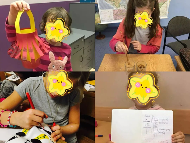 邱玉华的学生们在做灯笼、学习使用筷子、画京剧脸谱等