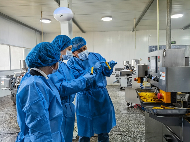 生产车间内，工作人员查看刚生产出来的蛋卷。龙岩市融媒体中心供图