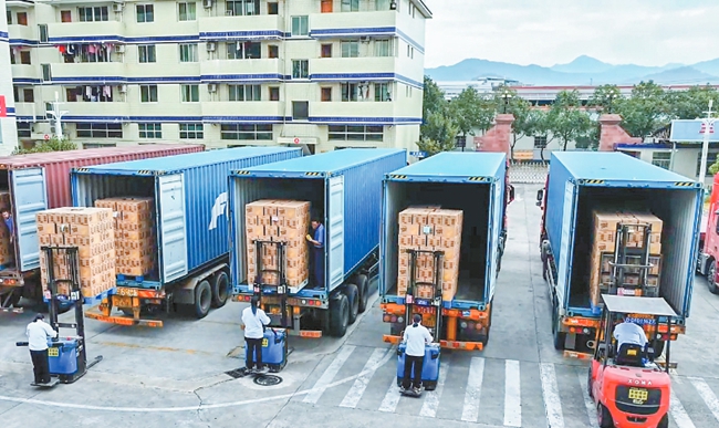 在长汀盼盼食品有限公司厂区内，工人们正操作叉车，将一箱箱出口薯片装入集装箱，准备发往海外市场。（企业供图）