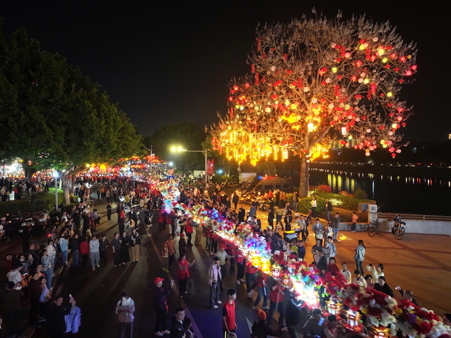 夜色中的南陽古城流光溢彩，造型別致的花燈沿街道鋪展成璀璨長龍