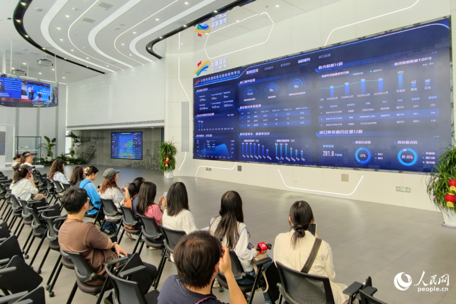 採訪團觀看絲路海運國際航運綜合服務平台運行情況。人民網記者 陳博攝