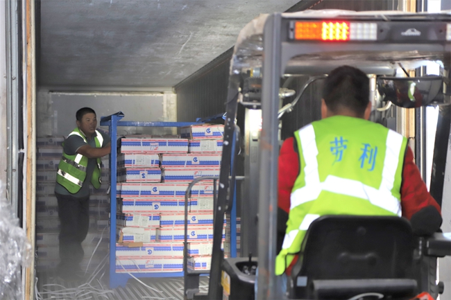 海韵冷链工人忙着装卸货物