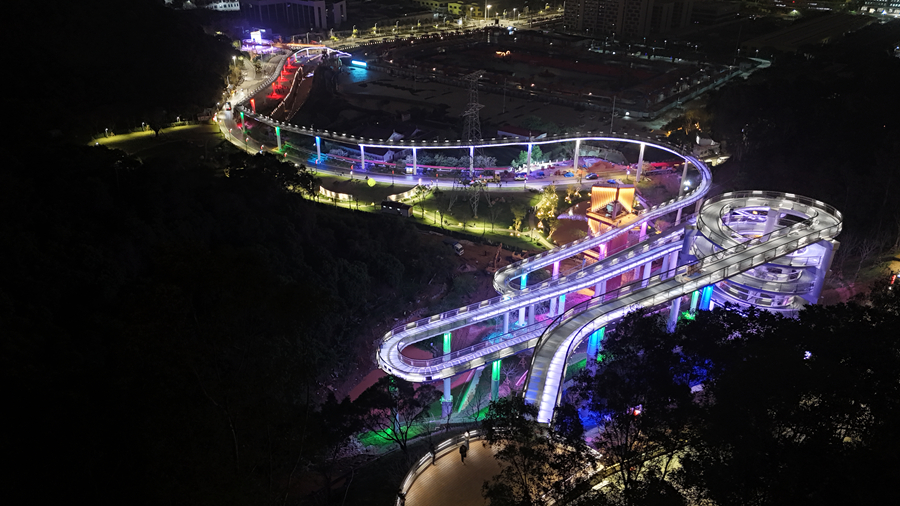 夜色下，龍池綠谷景區空中步道宛如一條星河隧道穿越在綠色的山野間，串聯起漳州與廈門的煙火。漳州台商區融媒體中心供圖