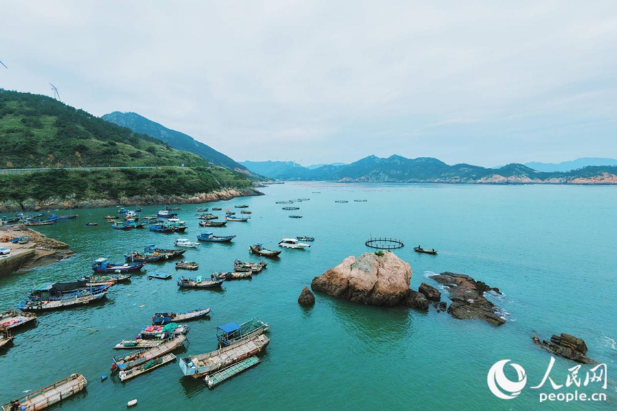 作业渔船与养殖网箱错落碧波之上，成为霞浦特色景观。人民网 林铭贤摄