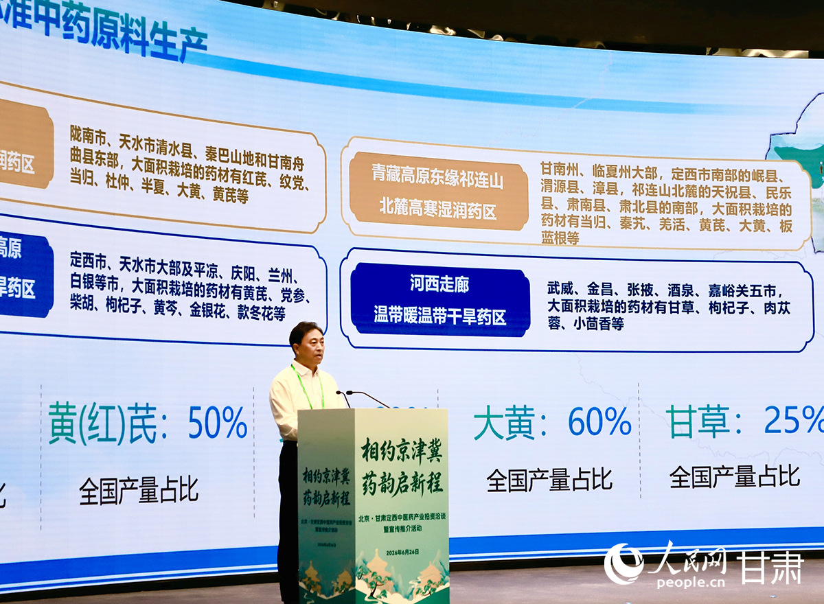 甘肃省中医药管理局副局长王振华介绍优质招商项目。人民网记者 焦隆摄