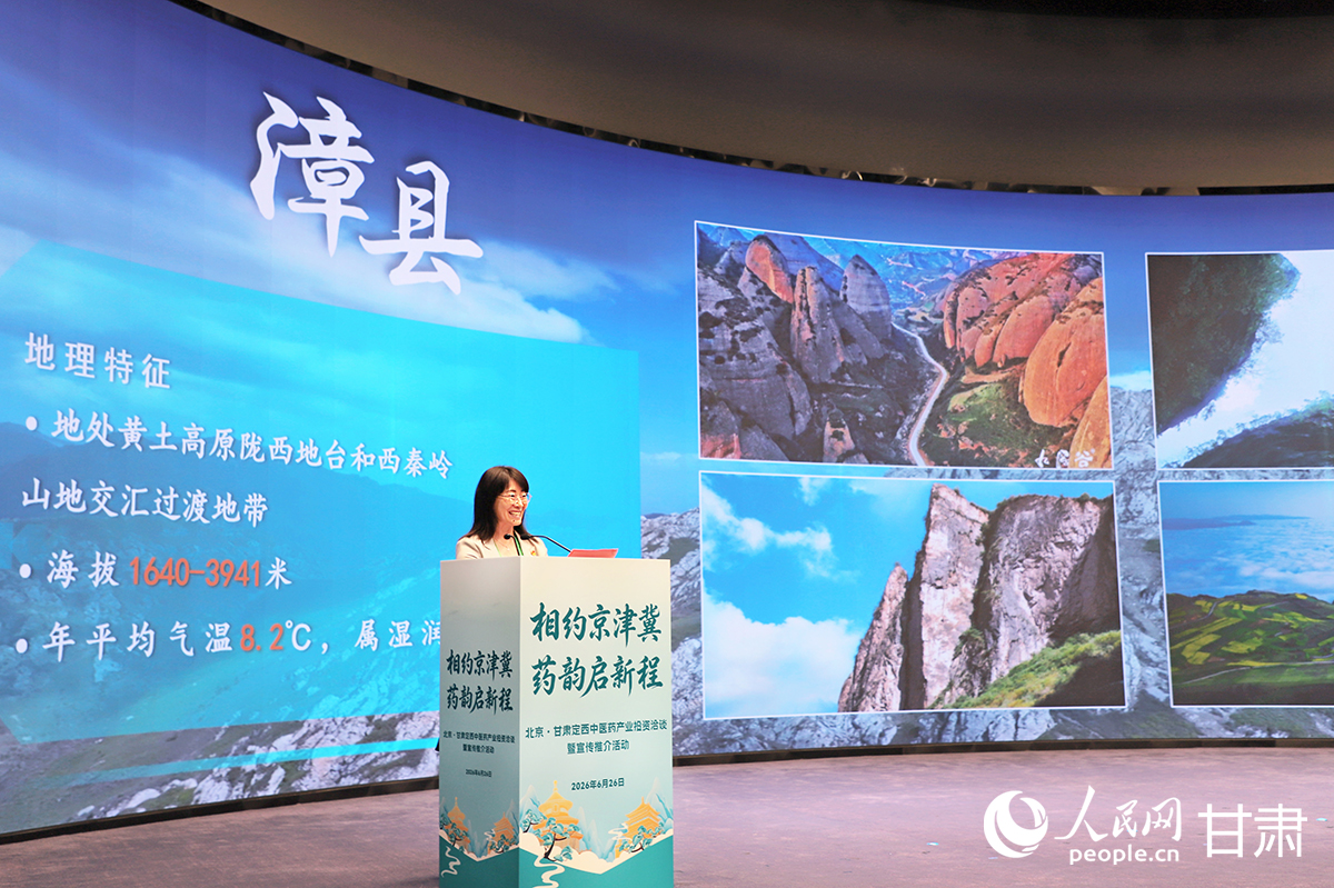 漳县县委常委、副县长杨慧作县域推介。人民网记者 焦隆摄