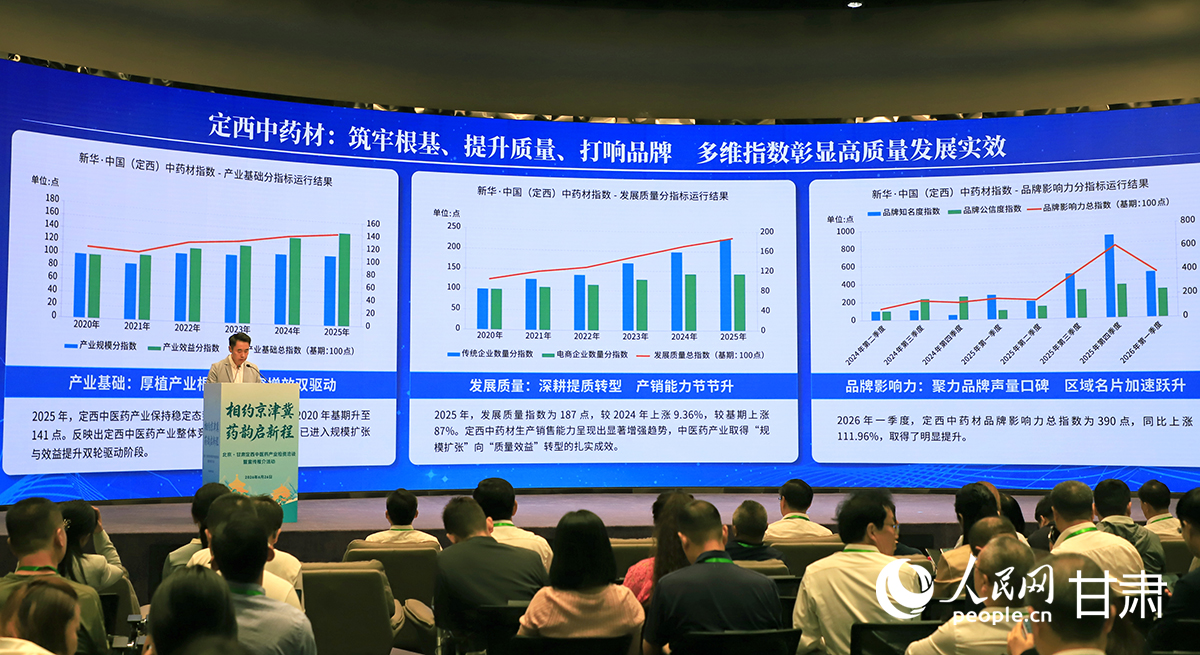 新华社中国经济信息社“新华指数”总编辑于海解读发布“新华·中国定西中药材价格指数”。人民网记者 焦隆摄