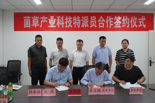 福建农林大学国家菌草工程技术研究中心、呼图壁县林草局、新疆润泰达农牧发展有限公司三方现场签约，敲定菌草产业科技特派员合作协议。