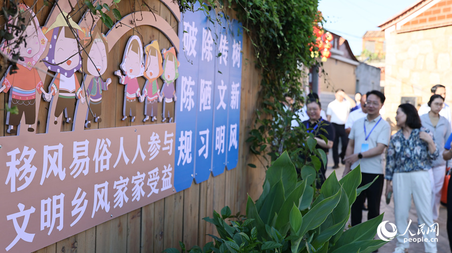 移风易俗宣传墙前，观摩团边走边看，文明新风扑面而来。人民网记者 李昌乾摄