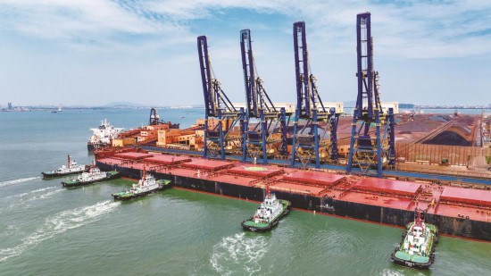 40万吨巨轮满载巴西铁矿石靠泊罗屿码头。 颜建平 摄